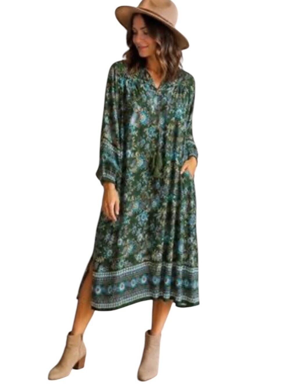 Natural Life Green Floral Paisley Maxi Dress Size XL Boho